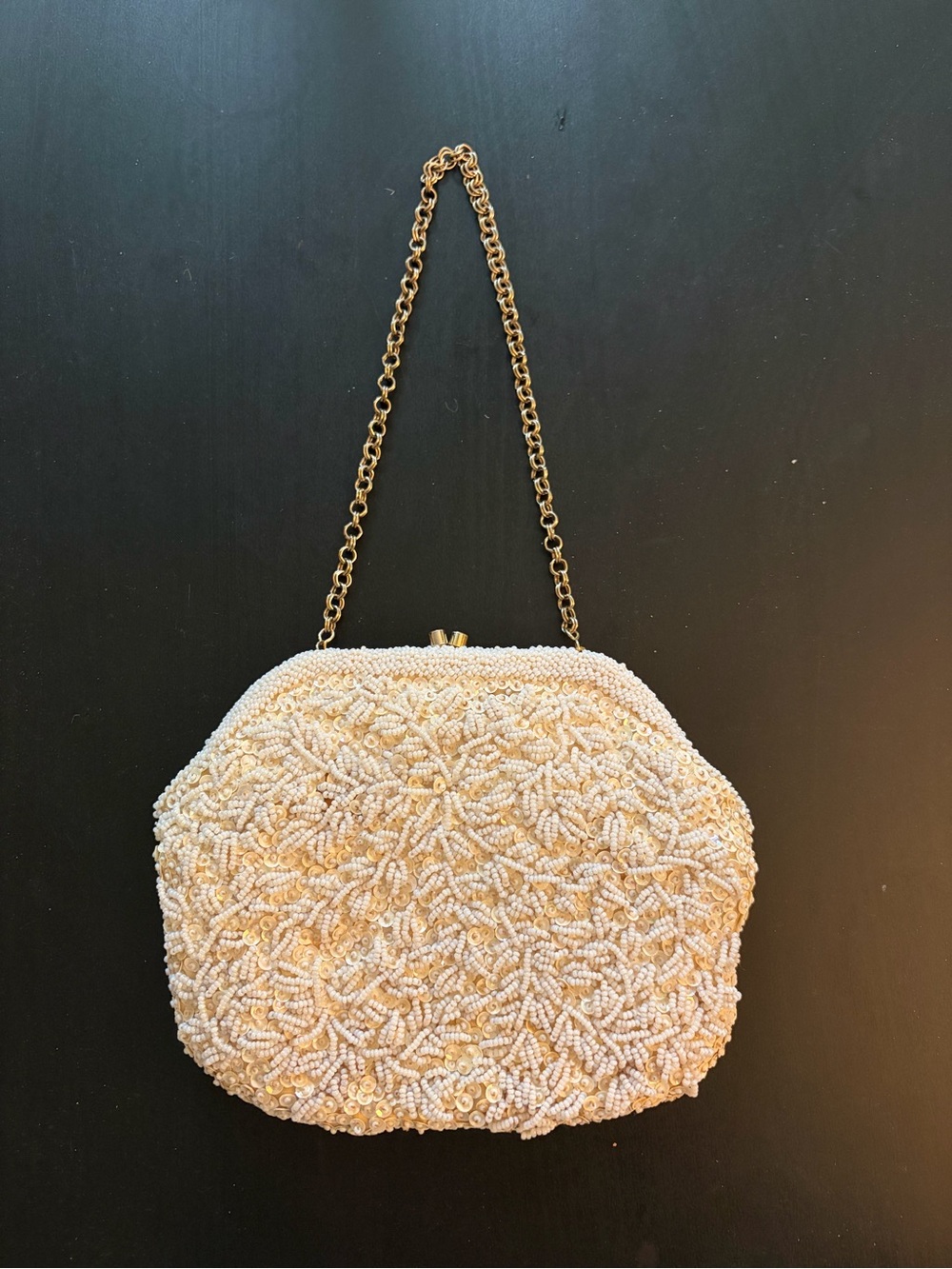 Beaded Ivory Evening or Wedding Clutch with Gold Chain